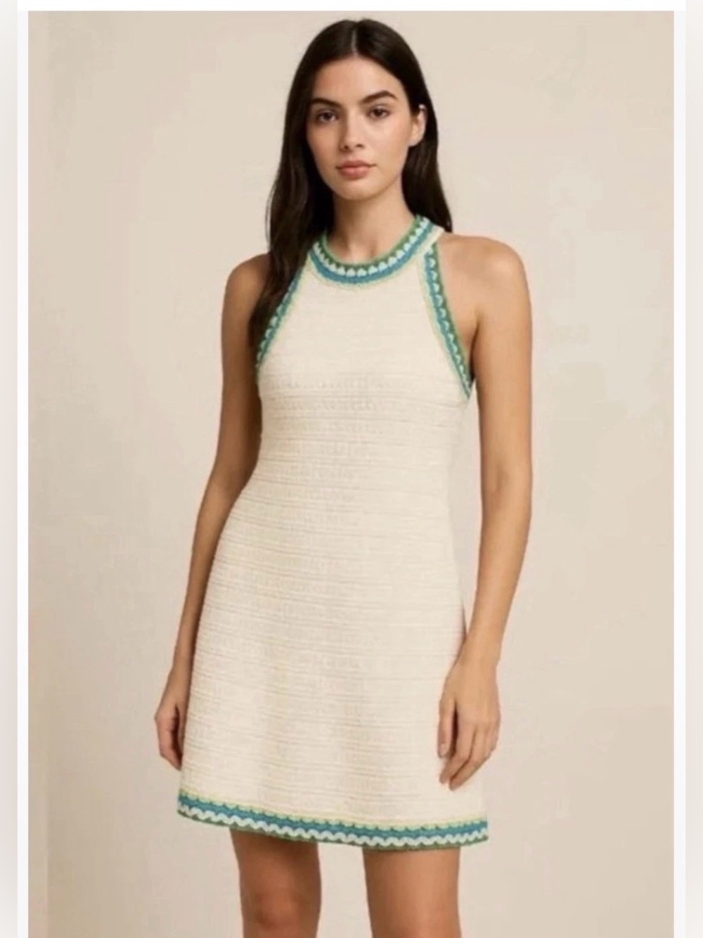 House of Harlow 1960 Knit/Crochet Ivory Halter Dress W/ Blue/Green Trim